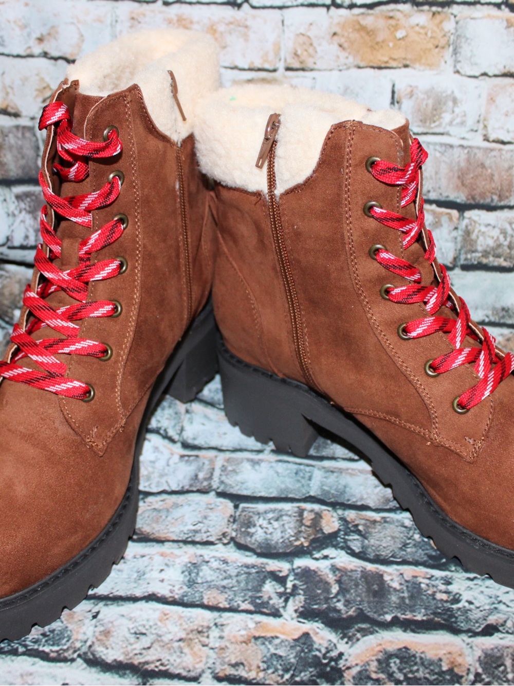 torrid Brown Suede Shearling-Lined Lace-Up Winter Boots with Red Laces